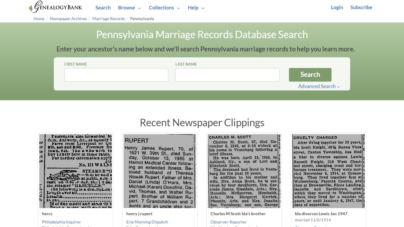 Public Marriage Records in Pennsylvania | GenealogyBank